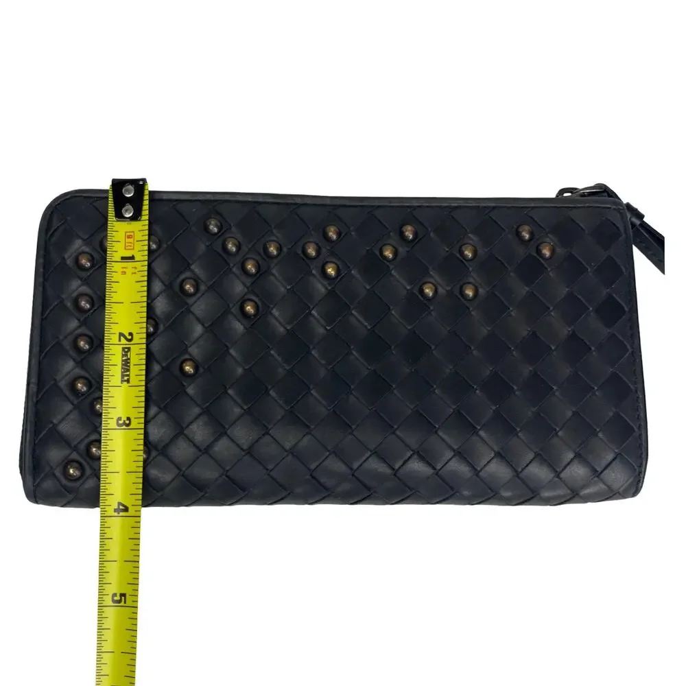 Bottega Veneta Intrecciato Studded Zip Around Wallet Wristlet Black Leather EUC